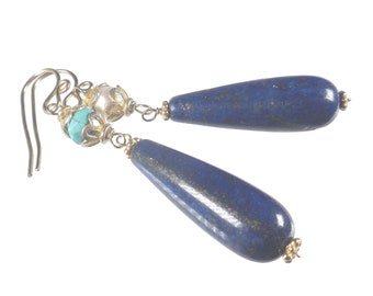 Lapis Lazuli Earrings Turquoise Pearls Long Lapis Earrings Lapis Statement Earrings Gold Lapis Dangle Drop Earrings Blue Gemstone Earrings