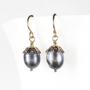 Genuine Black Pearl Earrings Gold, Real Pearl Drop Earrings, Pearl Dangle Earrings, Peacock Pearl Earrings, Gift For Her image 2
