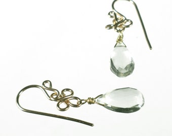 Green Amethyst Prasiolite Earrings, Dainty Light Green Earrings, Gemstone Earrings, Dangle Drop Earrings, Gold Filled