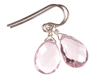 Light Pink Drop Earrings, Pink Quartz Earrings, Pink Earrings Dangle, Minimalist Pink Earrings, Sterling Silver