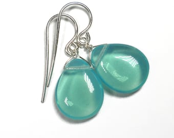 Aqua Drop Earrings Sterling Silver, Aqua Blue Briolette Earrings, Dangle Earrings, Simple Blue Green Glass Earrings