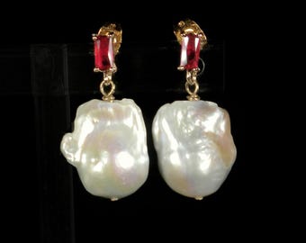 Baroque Pearl Dangle Earrings, Flame Ball Pearl Stud Post Red, Green & Gold French Hook Statement Earrings, Fireball Pearl Earrings