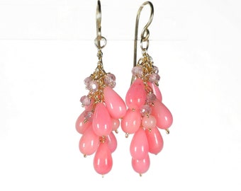 Pink Coral Dangle Earrings, Coral Cascade Earrings, Pink Waterfall Earrings, Coral Earrings