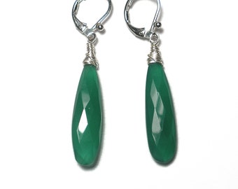 Long Green Earrings, Emerald Green Onyx Earrings, Green Gemstone Earrings, Teardrop Earrings, Lever Back Earrings, Sterling Silver