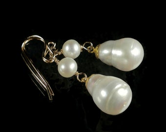 Large Baroque Pearl Earrings, Akoya Pearl Earrings, Dangle Drop Statement Earrings, White Pearl Jewelry, Unique Pearl Earrings, Gold