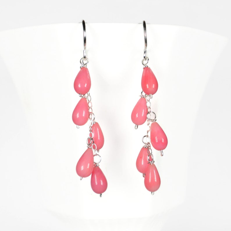 Pink Dangle Drop Earrings Pink Coral Earrings Sterling Silver Cascade Earrings Waterfall Earrings Long Casual Earrings