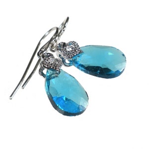Aquamarine Glass Earrings: Sterling Silver Heart Charm Dangle