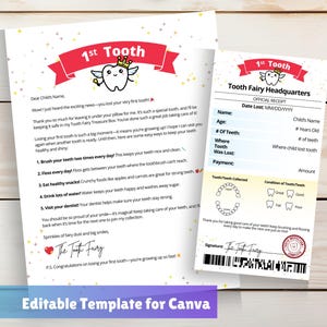 Lettre et reçu modifiables de la première fée des dents perdues | Modèle de toile | Téléchargement instantané