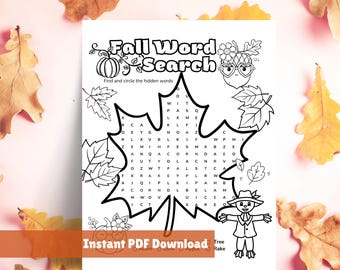 May include: Black and white fall-themed word search puzzle. The title "Fall Word Search" is at the top, with a pumpkin and acorn illustration. The puzzle is shaped like a leaf, with illustrations of leaves and a scarecrow. Text at the bottom says "Instant PDF Download".