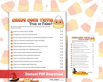 Trivia aux bonbons au maïs à imprimer | anecdotes d'Halloween | Jeu de fête d'Halloween