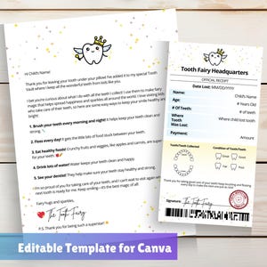 Lettre et reçu modifiables de la fée des dents – Modèle Canva | Téléchargement instantané