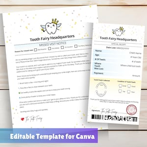 Lettre d'excuses et reçu modifiables de la fée des dents | Lettre de visite de la fée des dents manquées | Modèle de toile | Téléchargement instantané