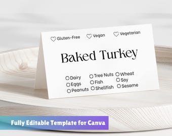 Minimal Design Buffet Food Labels | Editable Food Cards with Allergen & Diet Checkboxes | Flat Lay and Tent Printable Labels