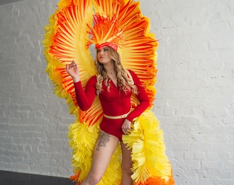 May include: A woman wearing a red bodysuit and a large, colorful costume with yellow, orange, and red feathers. The costume is reminiscent of a carnival or masquerade outfit.