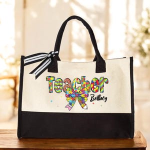 Custom Autism Teacher Tote Bag, Autism Awareness Bag, Personalize Name Canvas Tote, Support Autism Gift, Gift for Teacher, Puzzle Design Bag