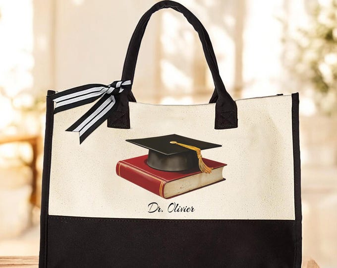 Graduation Tote Bag Personalized, Custom Graduation Gift, Graduate Cap and Books Tote, Gift for Doctor Graduate, Personalized Name Tote