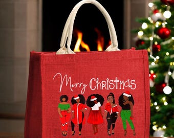Merry Christmas Women Tote, Trendy Jute Canvas Tote Bag, Women Empowerment Tote, Christmas Gifts for Her, Christmas Colors Seasonal Tote
