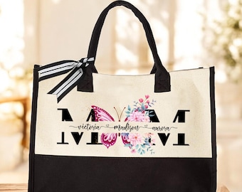 Floral Mothers Day Tote, Cute Gifts for Mom, Custom Name Bag Gifts, Flower Design Shopping Bag, Custom Canvas Bag, Mothers Day Gifts