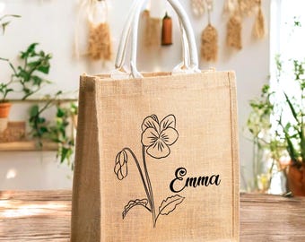 Custom Tote Bag, Birth Flower Tote Bag, Daily Shoulder Tote, Bachelorette Party Tote Bag, Personalized Bridesmaid Gift, Jute Floral Tote Bag