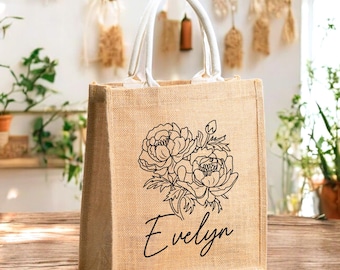 Custom Jute Floral Tote Bag, Bachelorette Party Tote Bag, Birth Flower Tote Bag, Personalized Tote Bag, Daily Shoulder Tote, Bridesmaid Gift