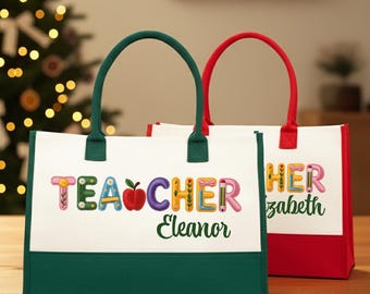 Custom Teacher Tote Bag, Embroidered Floral Alphabet Design, Unique Back to School Teacher Appreciation Gift, Christmas Tote Bag