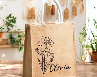 Birth Flower Tote Bag, Bachelorette Party Jute Bag, Custom Tote Bag, Daily Shoulder Tote, Bridesmaid Gift, Personalized Jute Floral Tote Bag