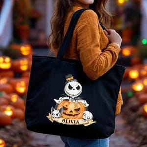 Personalized Pumpkin King Tote with Zipper, Custom Name Spooky Season Bag, Jack Skellington Inspired, Halloween Gift with Pocket