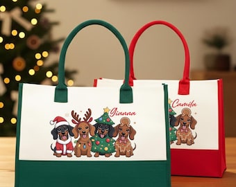 Personalized Dachshund Mom Canvas Tote, Custom Name Wiener Dog Christmas Bag, Sausage Dog Lover Gift, Festive Puppy Shopper