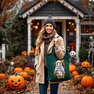 May include: A dark green tote bag featuring a cartoon ghost with pumpkins and the name "Selene". The bag is held by a person in front of a house decorated for Halloween, surrounded by pumpkins and fall foliage.
