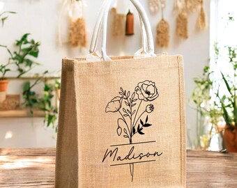 Personalized Birth Flower Tote Bag, Bachelorette Party Tote Bag, Custom Tote Bag, Daily Shoulder Tote, Bridesmaid Gift, Jute Floral Tote Bag