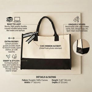 Puede incluir: Un bolso tote de lona con base y asas negras, y una secci&oacute;n superior blanquecina. La bolsa presenta un elegante acento de cinta y mide 43 cm de ancho, 30 cm de alto y 23 cm de profundidad. El texto en la bolsa dice "Built to Last" y "Extra Roomy".
