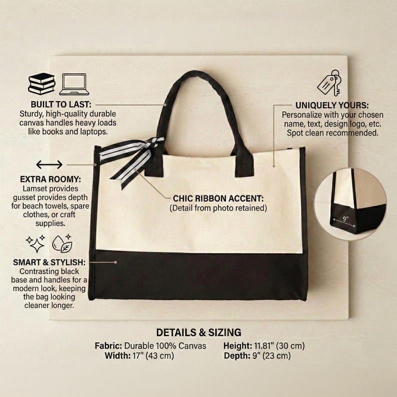 Puede incluir: Un bolso tote de lona con base y asas negras, y una secci&oacute;n superior blanquecina. La bolsa presenta un elegante acento de cinta y mide 43 cm de ancho, 30 cm de alto y 23 cm de profundidad. El texto en la bolsa dice "Built to Last" y "Extra Roomy".
