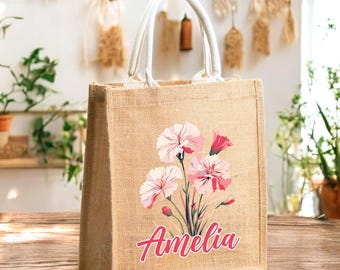 Custom Floral Tote Bag, Personalized Shoulder Bag, Bridesmaids Gifts, Weekender Bag, Birth Flower Tote Bag, Bachelorette Jute Tote Bags