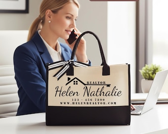 Bolso de mano personalizado para agente inmobiliario, bolso a medida para agente inmobiliario con nombre e información de contacto, bolso esencial para jornadas de puertas abiertas, regalo de cierre para agente inmobiliario