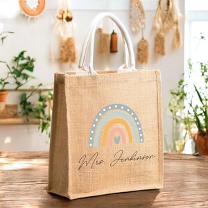Custom Rainbow Jute Bag, Customized Name Bag,  Personalized Jute Bag, Women&#39;s Tote Bag, Gifts for Her, Personalized Rainbow Tote Gifts