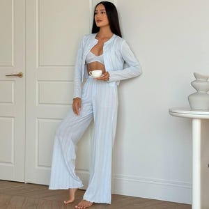 Organic cotton pajama set, Nightwear, Women Sleepwear, Blue 100% cotton pajamas, Women boho sleep pants, Long sleeve shirts, Matching sets
