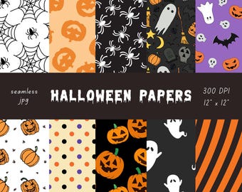 May include: A collection of seamless Halloween-themed papers. Designs include spiderwebs, jack-o'-lanterns, spiders, ghosts, bats, and polka dots. The text "HALLOWEEN PAPERS" is displayed, along with dimensions of 12" x 12".