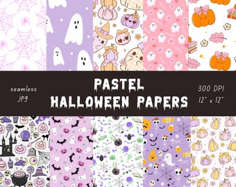 Pastel Halloween Digital Paper: Ghost, Pumpkin, Bats (Digital Download)