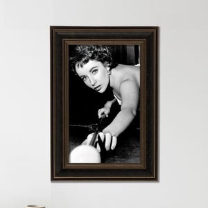 Elizabeth Taylor Billiards Print, Framed Old Hollywood Wall Art in Vintage Frame, Iconic B&W Photo, Game Room and Bar Cart Decor