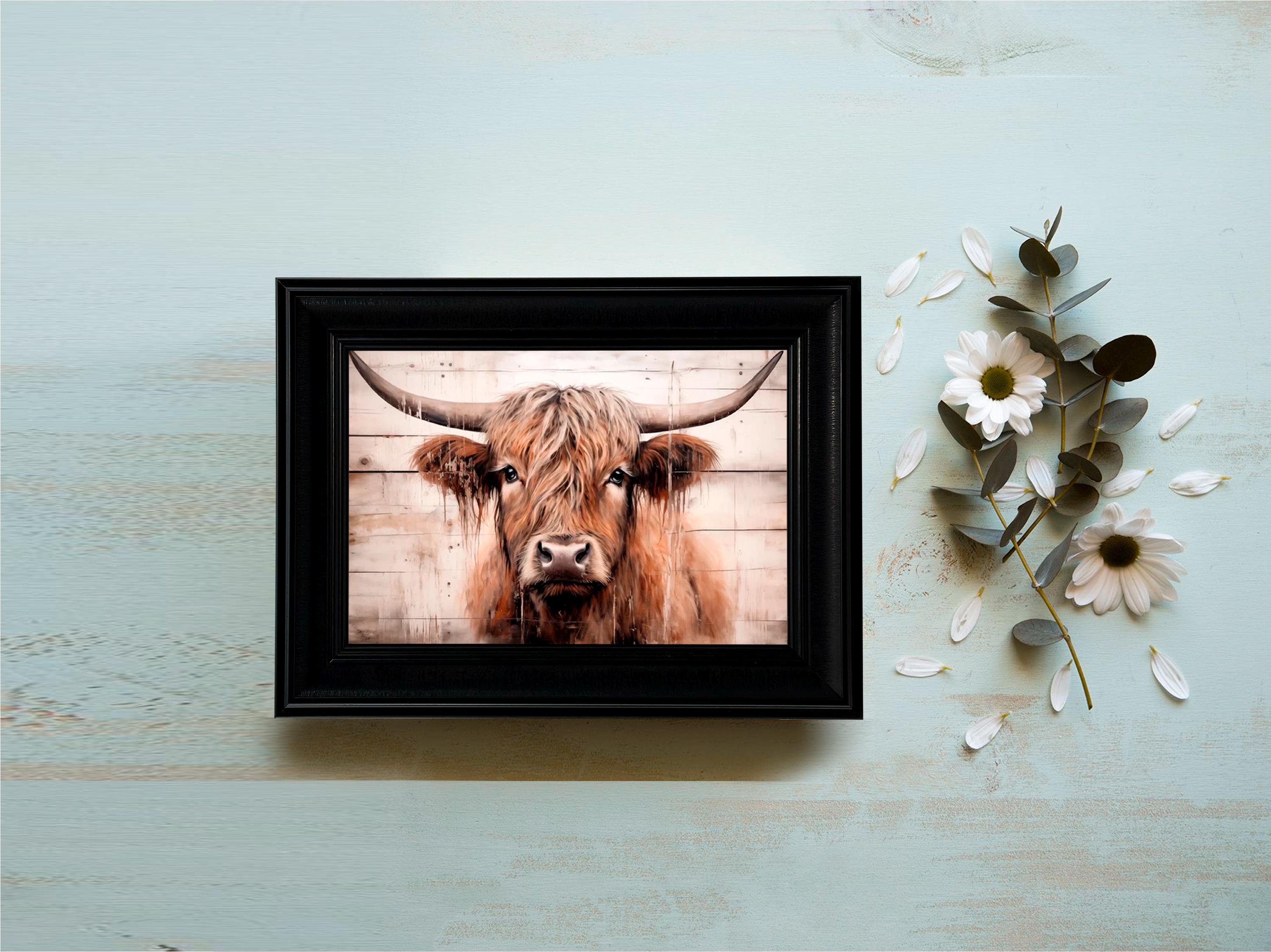 ハイランド牛の絵画額入りプリント、農家風アート、牛の木製背景