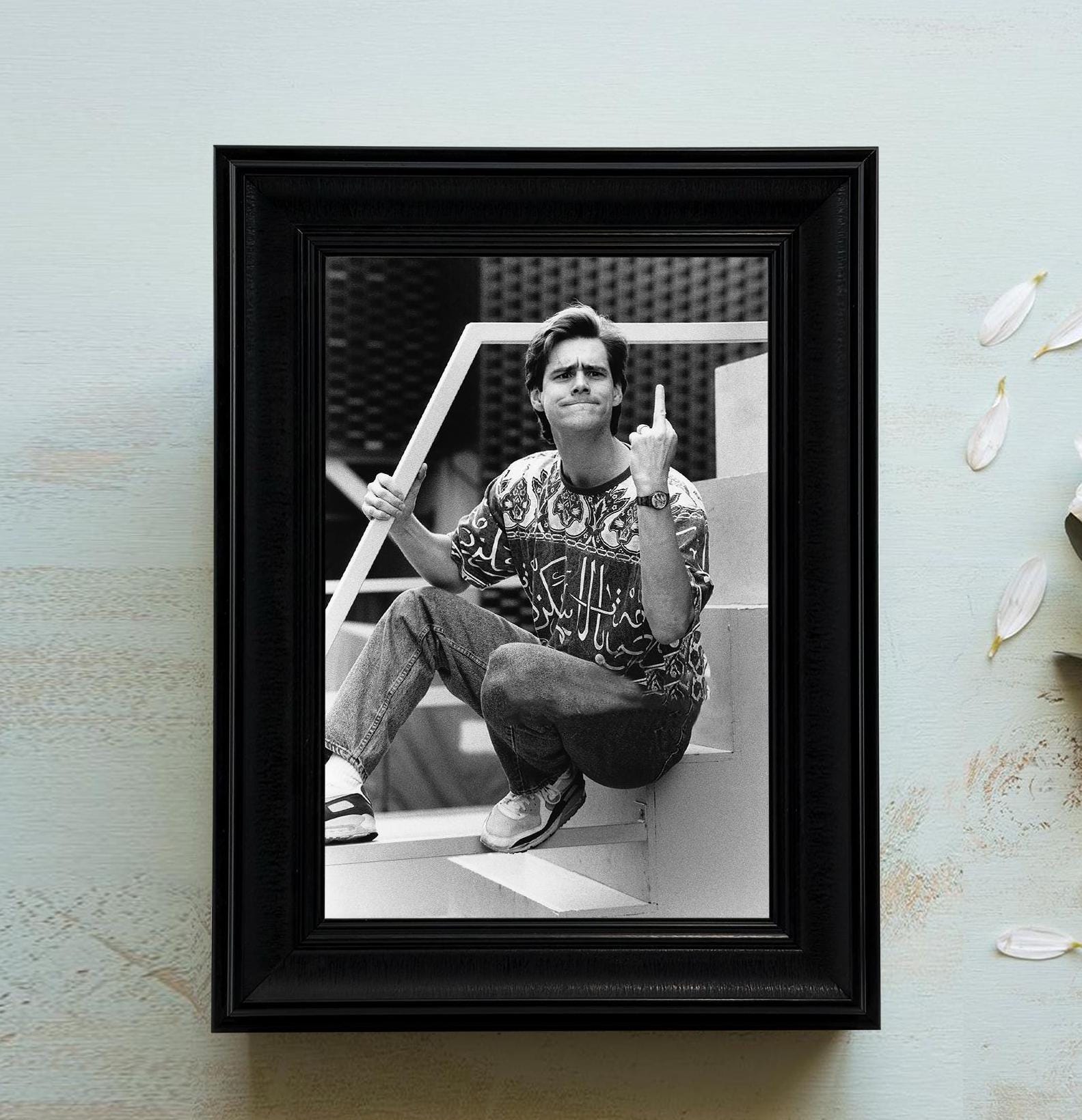 Jim Carrey Middle Finger Pose - Funny Vintage Framed Print for Retro Pop Culture Wall Decor and Unique Comedy-Inspired Home Art