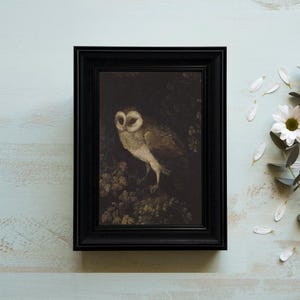 Antike Eulen Malerei | Dark Academia Vintage gerahmte Wandkunst | Stimmungsvoller rustikaler Vogeldruck | Vintage Tierwandkunst | Dunkle Kunst D