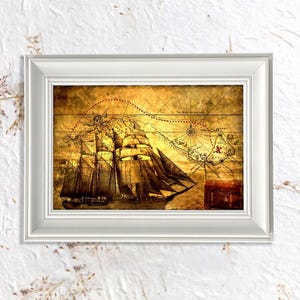 Mapa del tesoro pirata antiguo, arte mural enmarcado, mapa pirata vintage, arte náutico, impresión de mapa de aventuras, arte de búsqueda del tesoro antiguo