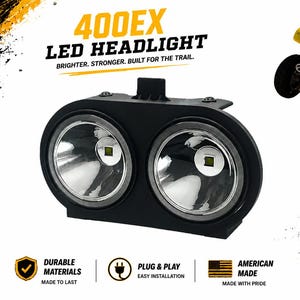 May include: A black dual LED headlight assembly for a 400EX ATV. The unit features two circular lights with reflective housings. Text on the image reads 400EX LED HEADLIGHT, BRIGHTER. STRONGER. BUILT FOR THE TRAIL, DURABLE MATERIALS, PLUG & PLAY, AMERICAN MADE.
