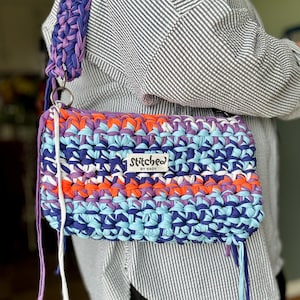 Chunky Crochet T-Shirt Yarn Shoulder Bag: Blue, Orange & Purple Boho Handbag, Boho Style