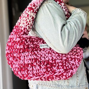 Chunky Recycled T-Shirt Yarn Crochet Shoulder Bag: Pink, Red & Purple Boho Handbag