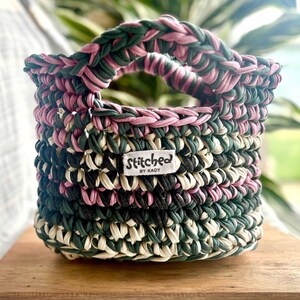 Chunky Recycled T-Shirt Yarn Crochet Handbag: Green, Cream & Pink