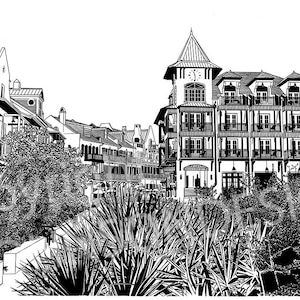 May include: Black and white illustration of a row of buildings with a clock tower in the centre. The buildings have balconies and windows. There are trees and bushes in the foreground.