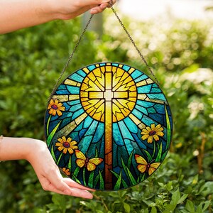 Cross Suncatcher Gift, Cross Christian Flowers, Christian Window Hanging, Religious Cross Suncatcher, Gifts for Mom, Faith Home Decor