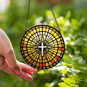 Cross Stained Glass Suncatcher, Christian Window Hanging Decor, Easter Faith Gift, Religious Home Accent, Floral Cross Wall Art for Mom